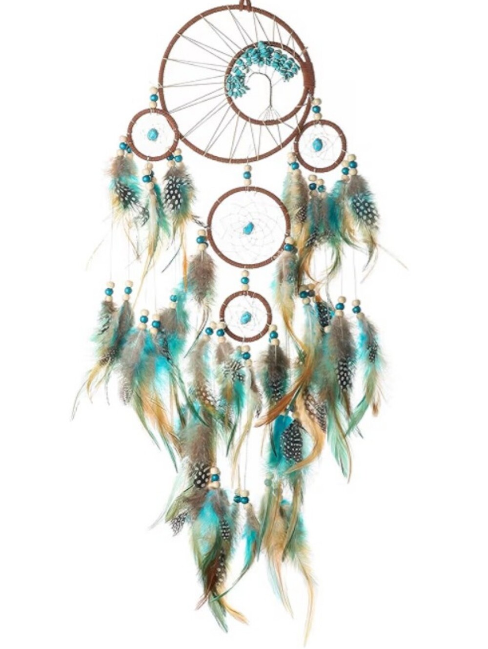 New Turquoise Beaded Tree of Life Dreamcatcher 5-Ring Feather Boho Ojo